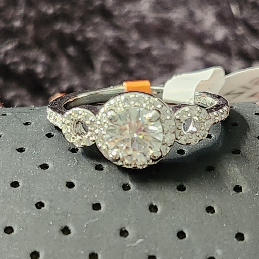 Sterling Silver Round Halo Cubic Zirconia Three-Stone Ring - White